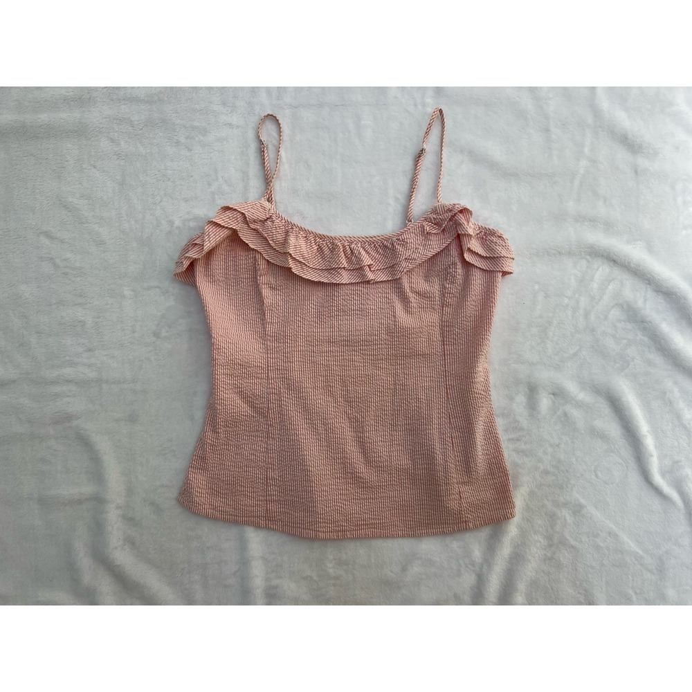 Vineyard Vines Tank Top Woman Sz 10 Peach/White Stripe Ruffle Side Zip Logo‎